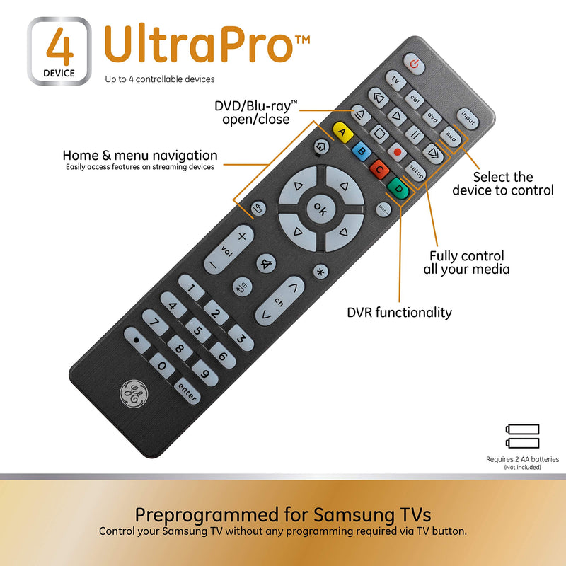  [AUSTRALIA] - GE Backlit Universal Remote Control for Samsung, Vizio, LG, Sony, Sharp, Roku, Apple TV, TCL, Panasonic, Smart TV, Streaming Players, Blu-Ray, DVD, Simple Setup, 4-Device, Graphite, 48848 4 Device Backlit