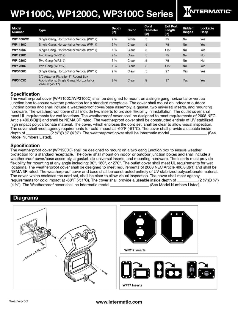  [AUSTRALIA] - Intermatic WP3100C Plastic In-Use Weatherproof Cover, Single-Gang, Vrt/Hrz, 2.75" Clear