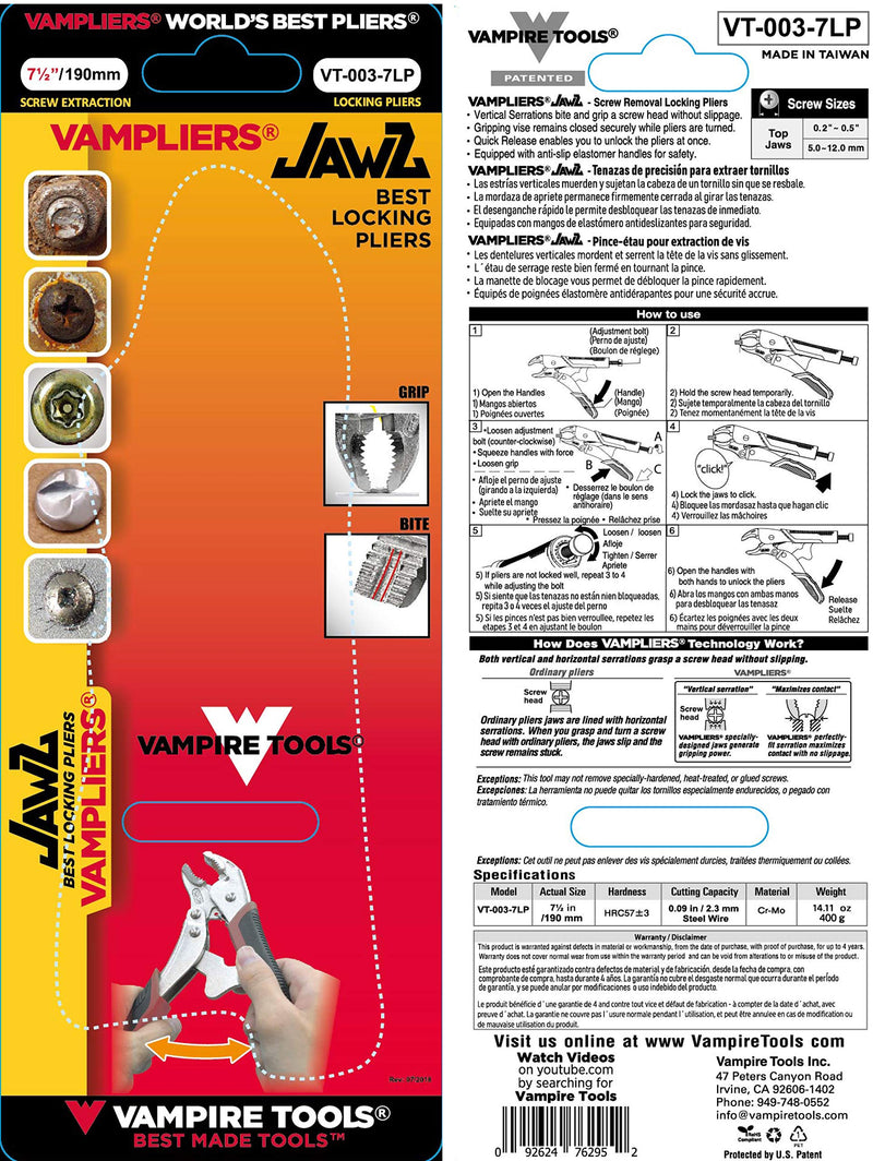  [AUSTRALIA] - VAMPLIERS JAWZ 7.5" BEST SCREW EXTRACTION LOCKING PLIERS,"World's Best Pliers" for Damage,Rusted,Stripped,Security,Specialty Screws/Nuts and Bolts. VT-003-7LP Makes the Best Gift for any Season