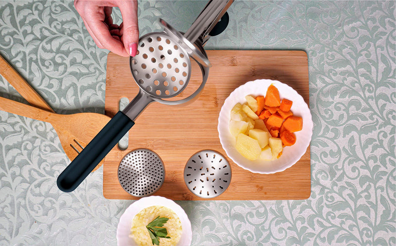  [AUSTRALIA] - Hatrigo Stainless Steel Potato Ricer and Masher with 3 Interchangeable Fineness Discs, Makes Light and Fluffy Mashed Potato Perfection, 100% Stainless Steel (Black) Black