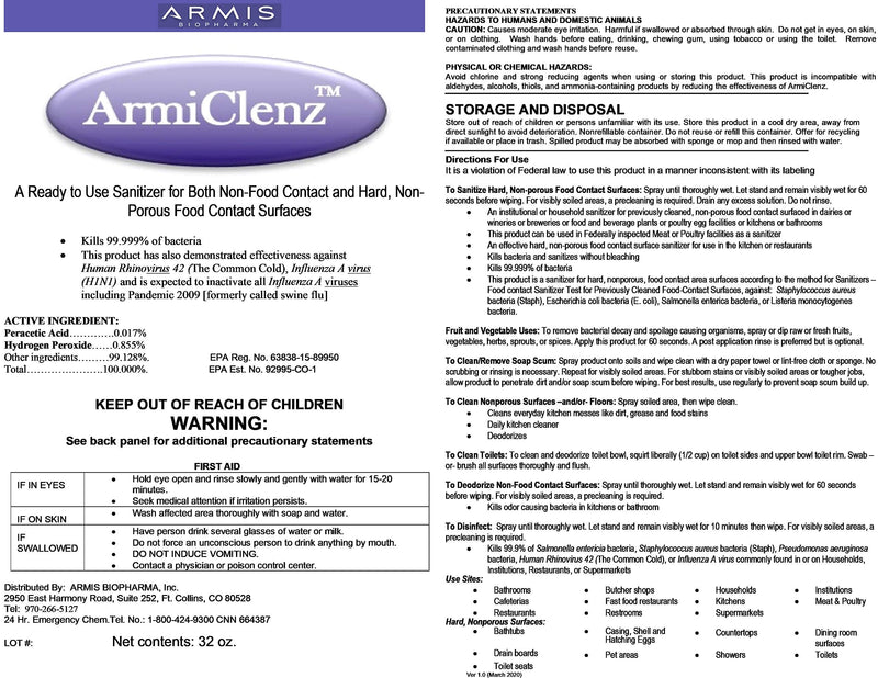  [AUSTRALIA] - ArmiClenz Disinfectant Spray - EPA Registered Antibacterial Spray Kills Viruses and Kills Bacteria for Non-Porous Hard Surfaces Including Fruits & Vegetables - 32oz Bottle 32 Fl Oz (Pack of 1)