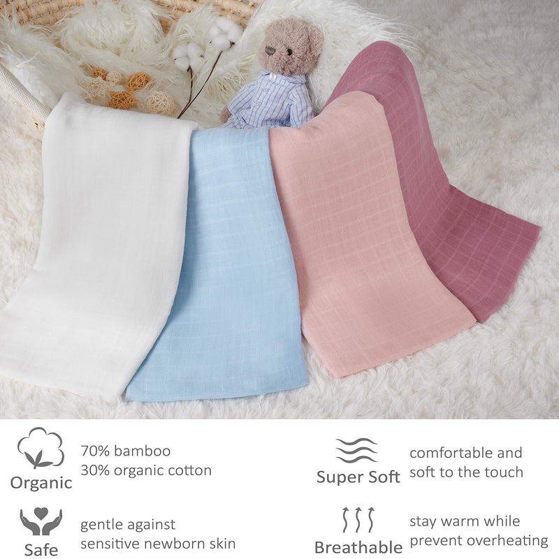  [AUSTRALIA] - Muslin Baby Swaddle Blanket, Silky Soft Receiving Blanket Swaddle Wrap for Girls and Boys, 30% Cotton + 70% Bamboo Viscose, 47 x 47 inches, Set of 4 Solid Color (Light) Set#1