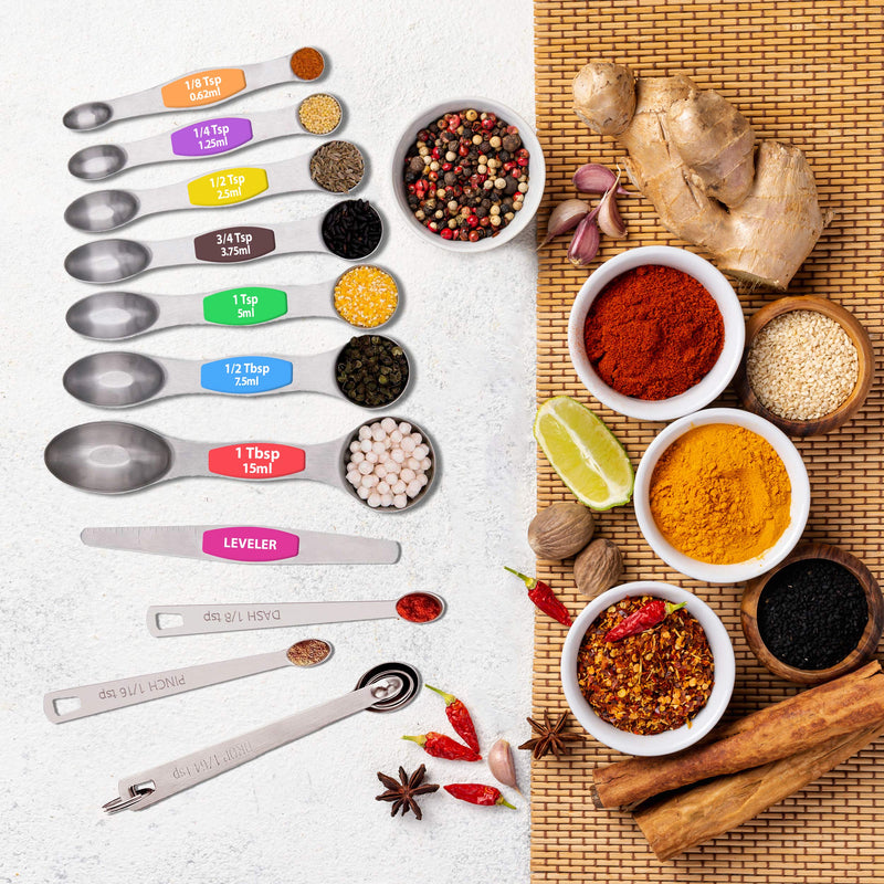  [AUSTRALIA] - Stainless Steel Measuring Spoons Set, Including 8 Double Sided Magnetic Measuring Spoons, 5 Mini Measuring Spoons,Fits in Spice Jar (Multicolor) Multicolor