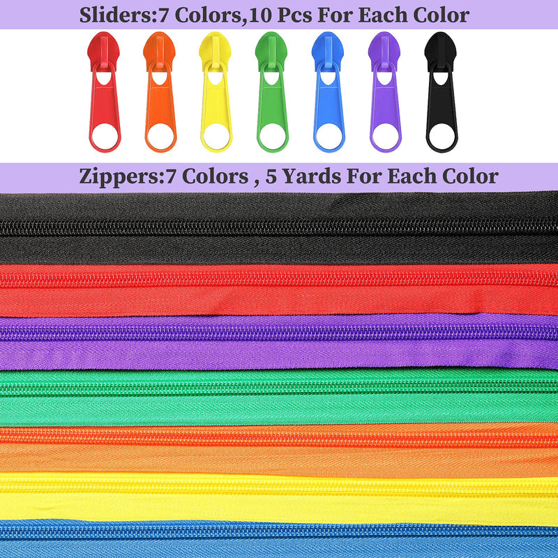  [AUSTRALIA] - 35 Yards/7 Pieces Assorted Colors #5 Nylon Coil Zippers, Mixed Sewing Zippers with 70 Pieces Zipper Sliders Zipper Heads for DIY Sewing Tailor Craft Supplies () Bright Color