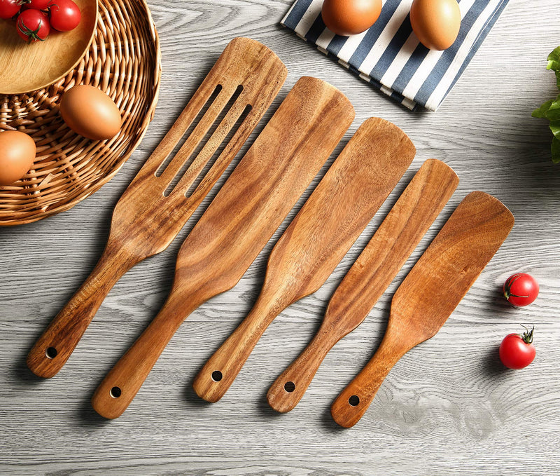  [AUSTRALIA] - Wooden Cooking Utensils, NAYAHOSE 4 Pcs Natural Teak Kitchen Utensil Set Heat Resistant Non Stick Wood Cookware with Hanging Hole, Slotted Spurtle Spatula Sets for Stirring, Mixing, Serving
