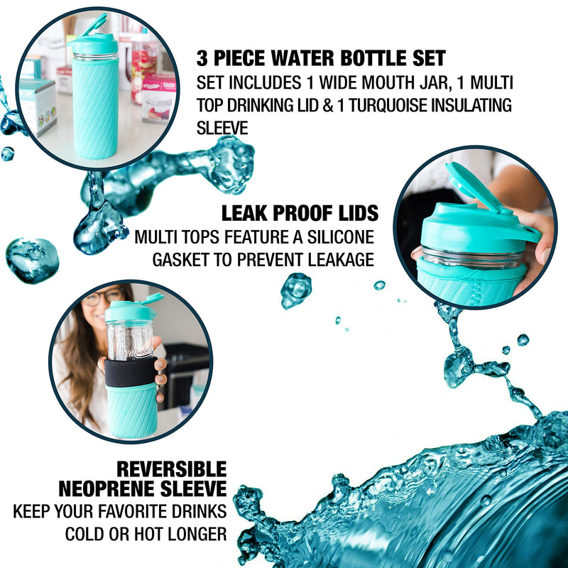  [AUSTRALIA] - Masontops Mason Jar Hydration Set - Mason Jar - Insulator Sleeve - Multi Top Drinking Lids Regular 16oz Turquoise