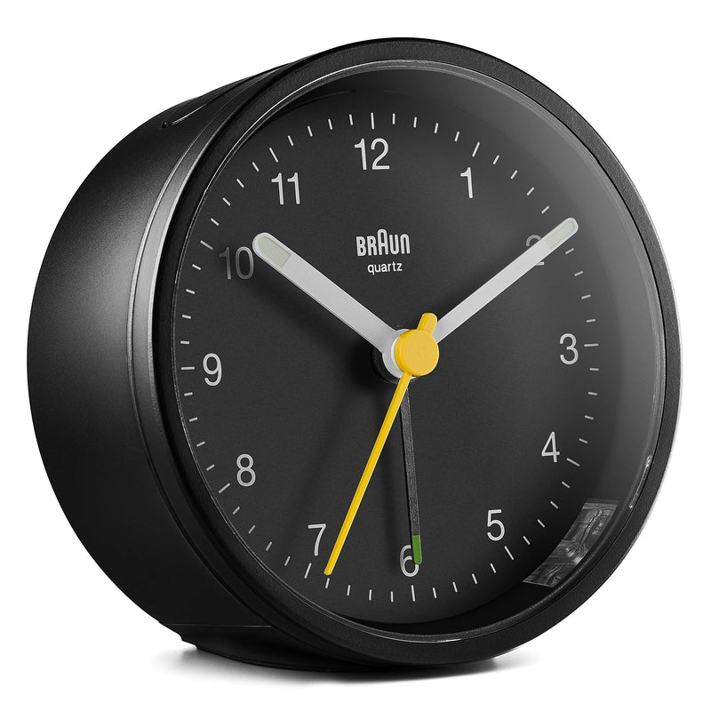  [AUSTRALIA] - Braun Classic Analogue Alarm Clock with Snooze and Light, Quiet Quartz Movement, Crescendo Beep Alarm in Black, Model BC12B.