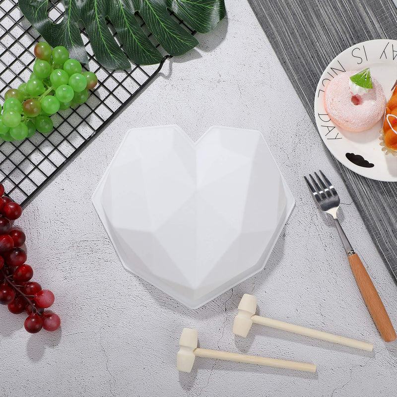  [AUSTRALIA] - Diamond Heart Shape Silicone Cake Mold Chocolate Mousse Dessert Baking Pan Silicone Fondant Mold with 8 Pieces Mini Wooden Hammers for Home Kitchen DIY Baking Tools (White) White