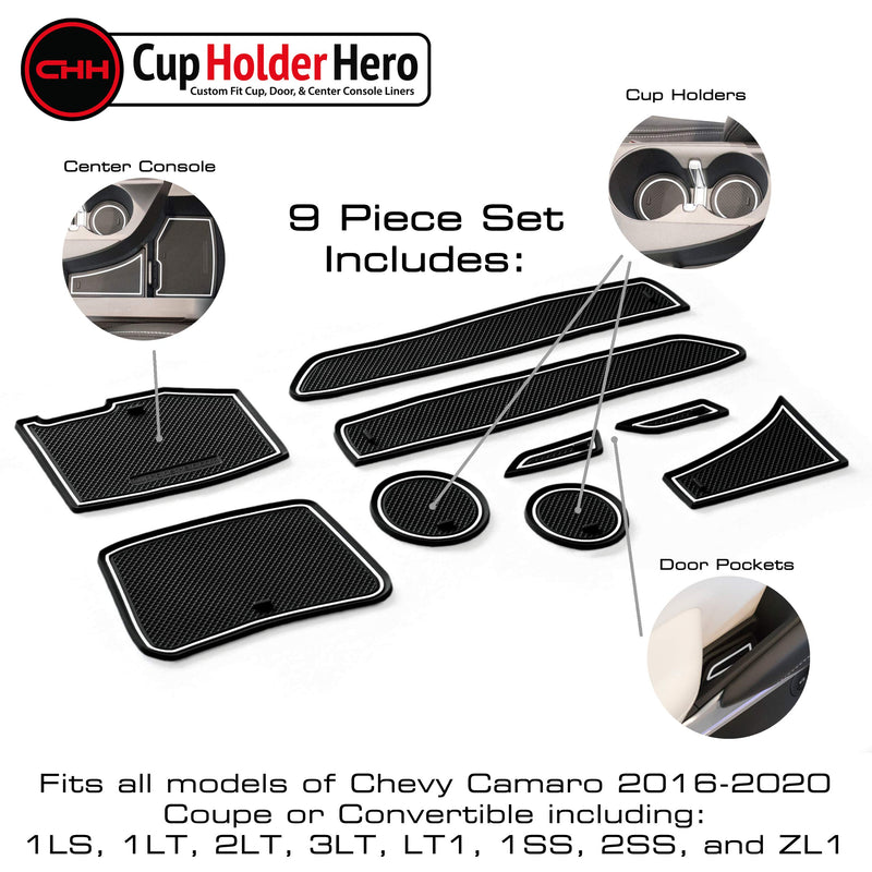  [AUSTRALIA] - CupHolderHero for Chevy Camaro 2016-2020 Custom Fit Cup Holder, Door, and Center Console Liner Accessories 9-pc Set (White Trim) WhiteTrim