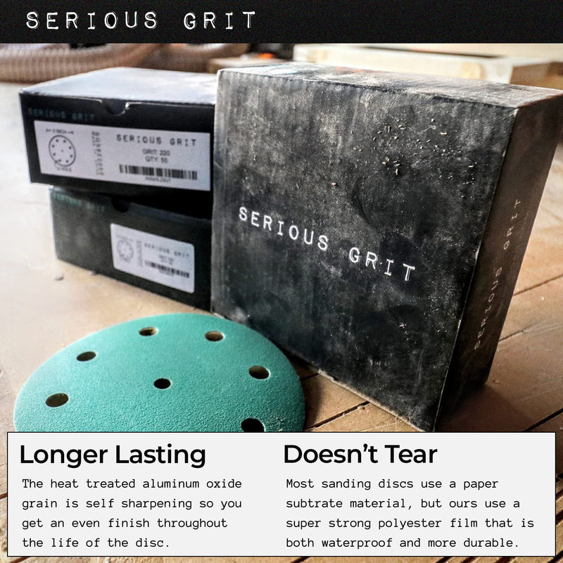  [AUSTRALIA] - Serious Grit 5-Inch 9-Hole, 80, 120, 150, 180, 220 Assorted Grit Sanding Discs - Premium Hook and Loop Heavy Duty Sandpaper Assortment for Random Orbital Sanders - 50 Pack Box Mixed Grit