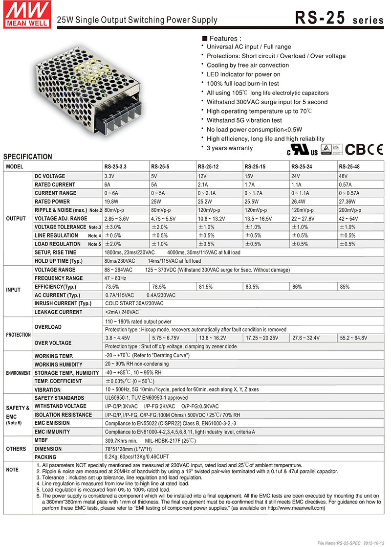 Mean Well RS-25-15 Enclosed Switching AC-to-DC Power Supply, Single Output, 15V, 1.7A, 25.5W, 1.1" H x 2.0" W x 3.0" L - LeoForward Australia