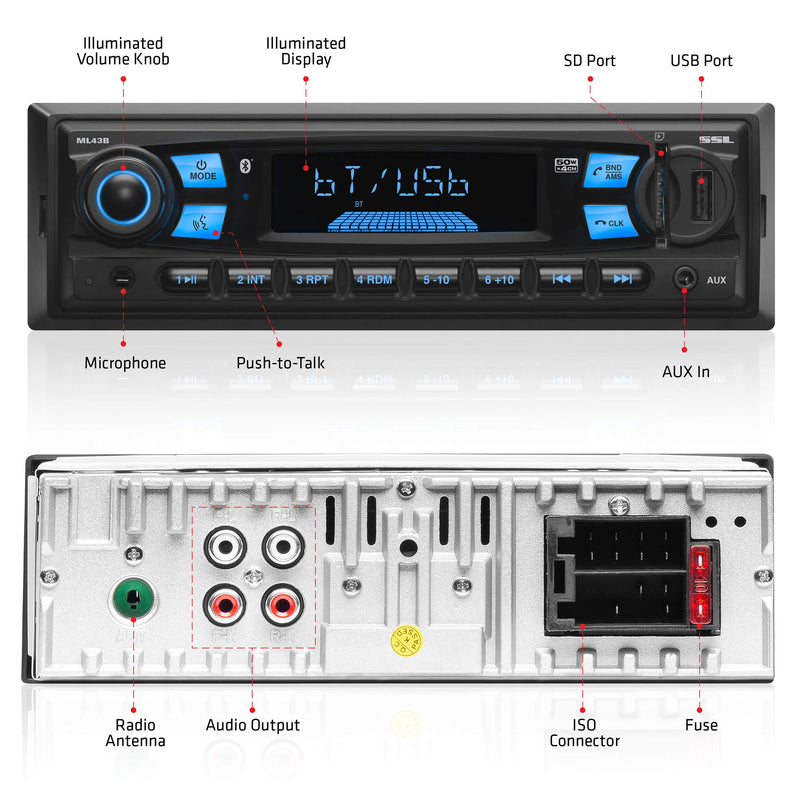 Sound Storm Laboratories ML43B Multimedia Car Stereo - Single Din, MP3 Player, No CD/DVD, Bluetooth Audio and Hands-Free Calling, USB, SD, AUX in, AM/FM Radio, Wireless Remote - LeoForward Australia