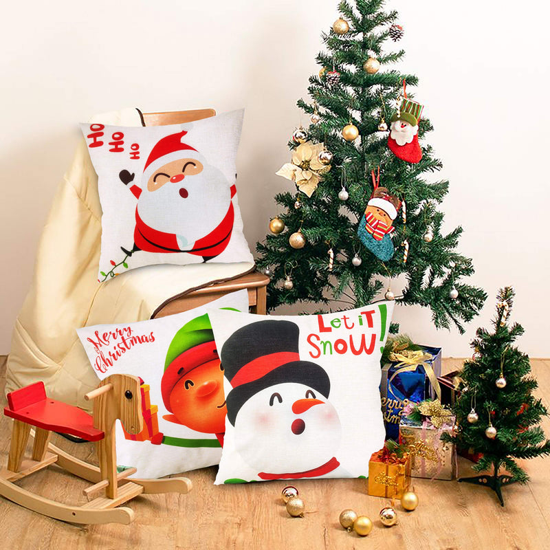  [AUSTRALIA] - Funnlot Cute Christmas Pillow Covers 18x18 Set of 4 Christmas Pillow Covers Colorful Christmas Pillow Covers Cartoon Cotton Linen Snowman Reindeer Santa Claus Elf Pillow Case for Sofa White