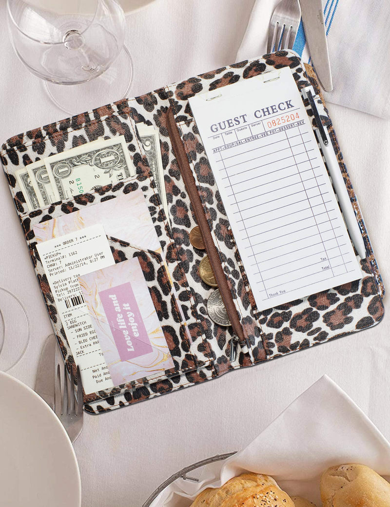  [AUSTRALIA] - Zreal Server Book for Waitress, 5 X 9 Leopard Serving Books with Zipper Pouch, Magnetic Closure Pocket with High Volume, Cute Waitress Book Organizer with Money Pocket Fit Server Apron (Light Leopard) Light Leopard