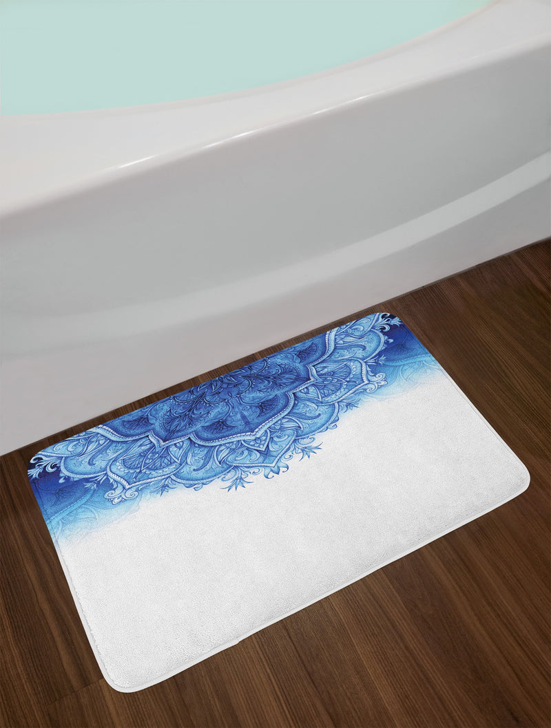  [AUSTRALIA] - Lunarable Moroccan Bath Mat, Floral Artwork Vintage Style with Eastern Architectural Elements Oriental Pattern, Plush Bathroom Decor Mat with Non Slip Backing, 29.5" X 17.5", White Blue