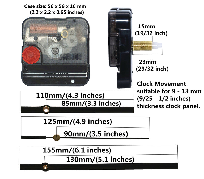  [AUSTRALIA] - 12888 Quartz DIY Wall Clock Movement Mechanism Repair Parts Replacement Kit Sweep Silent Movement,13mm (1/2 Inch) Maximum Dial Thickness, 23mm (29/32 Inch) Total Shaft Length.(Black Hand) 29/32"thread length Black Hands