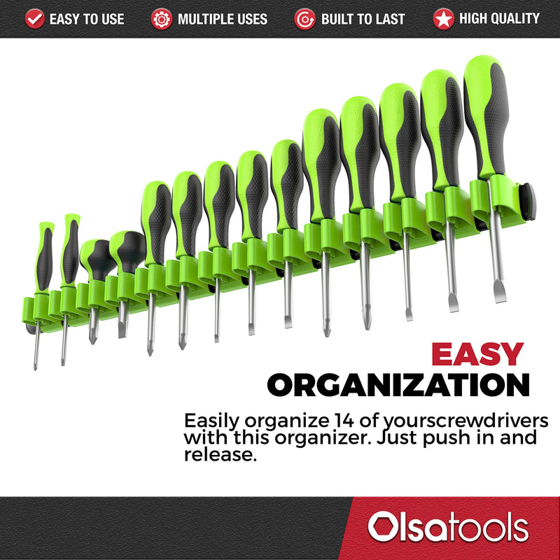  [AUSTRALIA] - Olsa Tools Premium Wall Mount Screwdriver Organizer | Black Nylon + Neon Green Clips | Holds 14 Screwdrivers Black Nylon + Green Clips