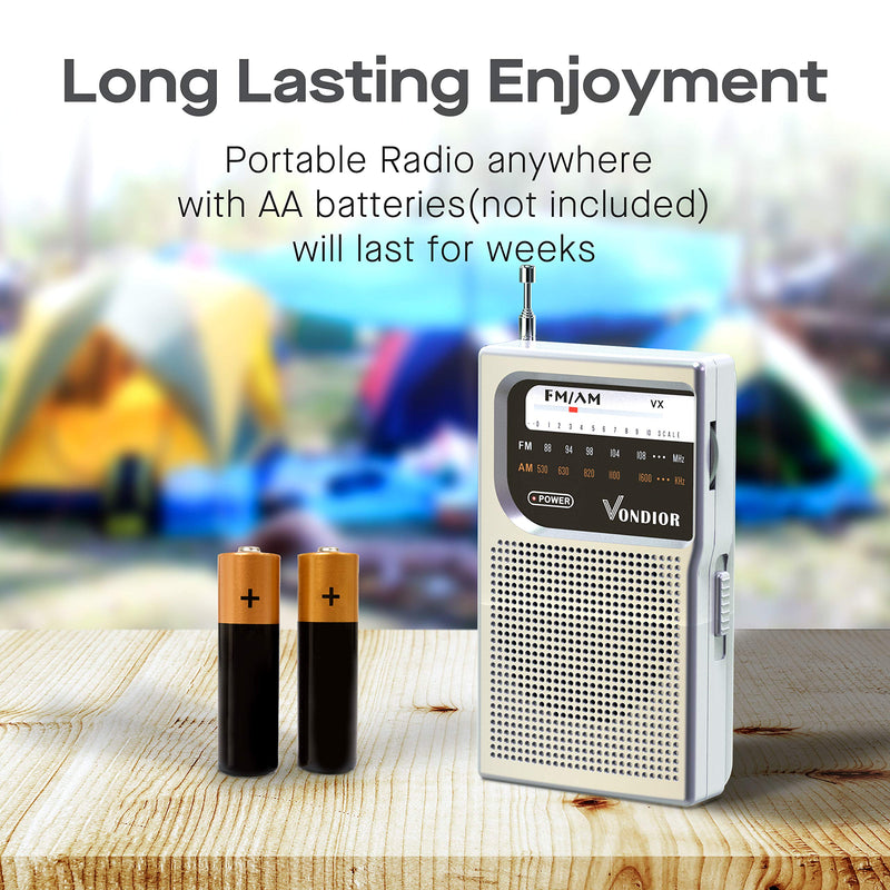  [AUSTRALIA] - AM FM Battery Operated Portable Pocket Radio - Best Reception and Longest Lasting. AM FM Compact Transistor Radios Player Operated by 2 AA Battery, Mono Headphone Socket, by Vondior (Silver) Silver