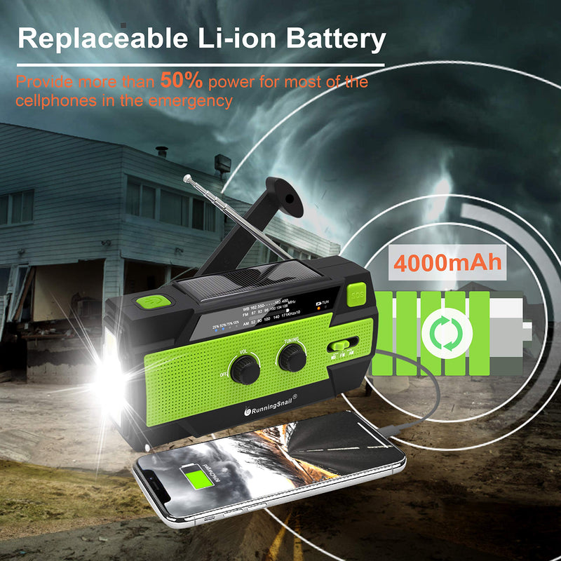 【2021 Newest】RunningSnail Emergency Crank Radio，4000mAh-Solar Hand Crank Portable AM/FM/NOAA Weather Radio with 1W Flashlight&Motion Sensor Reading Lamp，Cell Phone Charger, SOS for Home and Emergency Green - LeoForward Australia