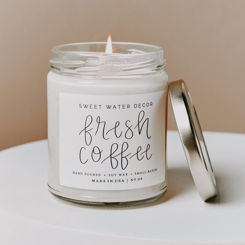 Sweet Water Decor Fresh Coffee Candle | Sweet Latte, Caramel Creme, Kona Coffee, and Rum Cream Scented Soy Candles for Home | 9oz Clear Glass Jar, 40 Hour Burn Time, Made in the USA - LeoForward Australia