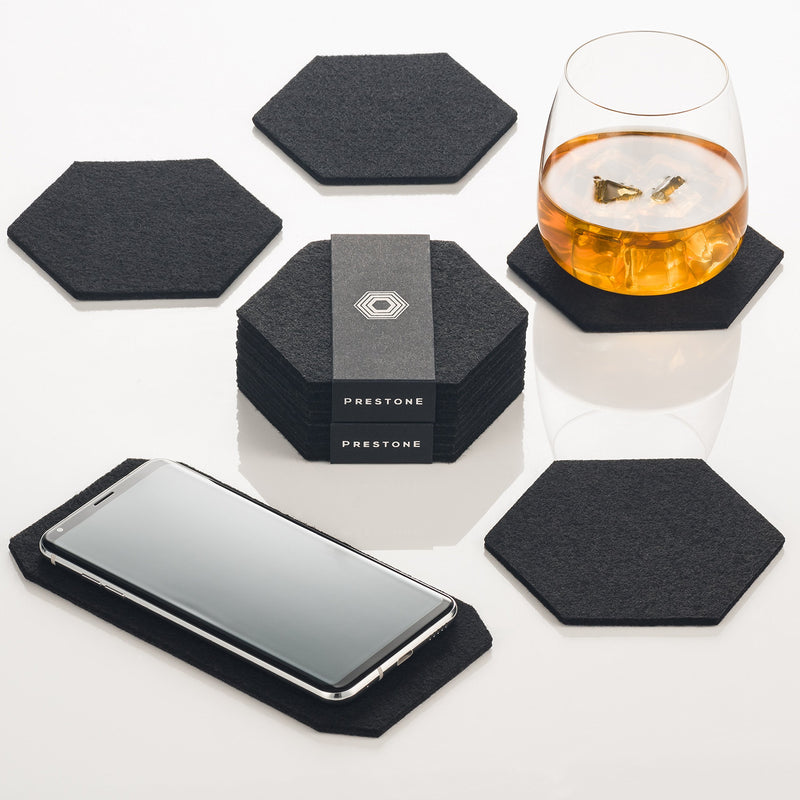  [AUSTRALIA] - Coasters for Drinks Set of 9, Absorbent Felt Coasters with Double Holder, Unique Phone Coaster, Premium Package, Perfect Housewarming Gift Idea, Protects Furniture (Hexagon, Black) Hexagon