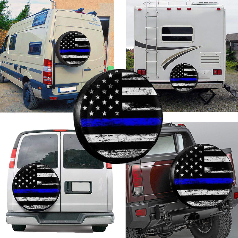 MSGUIDE Spare Wheel Tire Cover Thin Blue Line American Flag Weatherproof Tire Protectors for Jeep Trailer RV SUV Truck and Many Vehicles (14" 15" 16" 17") 15'' for diameter 27''-29'' - LeoForward Australia