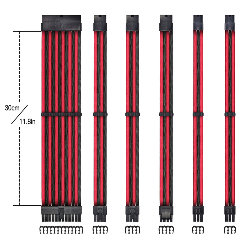 EZDIY-FAB PSU Cable Extension kit Sleeved Cable Custom Power Supply Sleeved Extension 16 AWG 24-PIN 8-PIN 6-PIN 4+4-PIN with Combs- Black/Red Black and red - LeoForward Australia