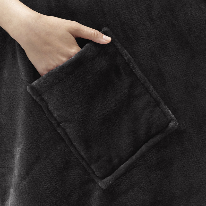  [AUSTRALIA] - Comfort Spaces Glimmersoft Plush to Sherpa Pocket Hooded Angel Wrap Ultra Soft Wearable Poncho Blanket Throw, 58"x72", Black 58"x72"