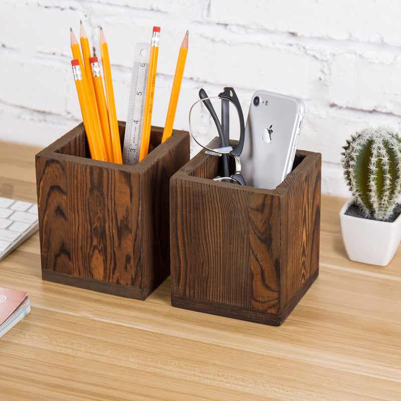 Set of 2 Natural Grain Wood Desktop Pen & Pencil Holder Cups, Office Supplies Organizer, Brown Brown (Set of 2) - LeoForward Australia