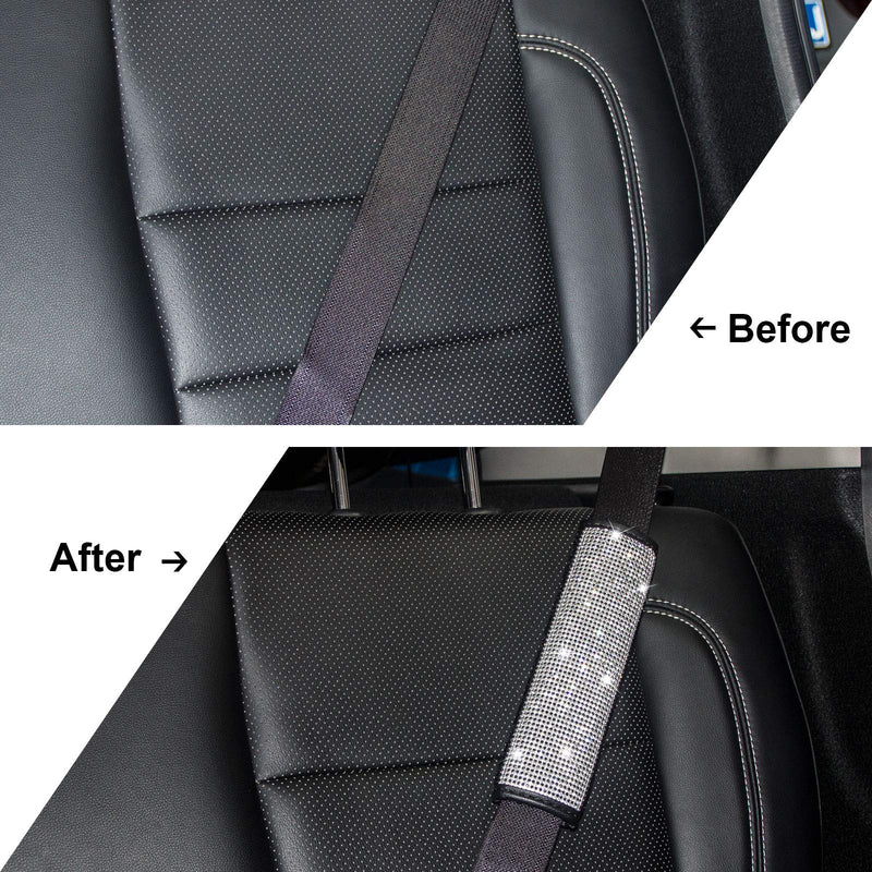  [AUSTRALIA] - Seat Belt Shoulder Pad Cover for Car, Soft Cushion Seatbelt Shoulder Pads for Adults, Ladies, Girls, Women,  PU Leather Trim with Crystal Bling Rhinestone, Black Seat Belt Covers for SUV Truck(1 Pair) 2pcs Car Seat Belt Shoulder Pad