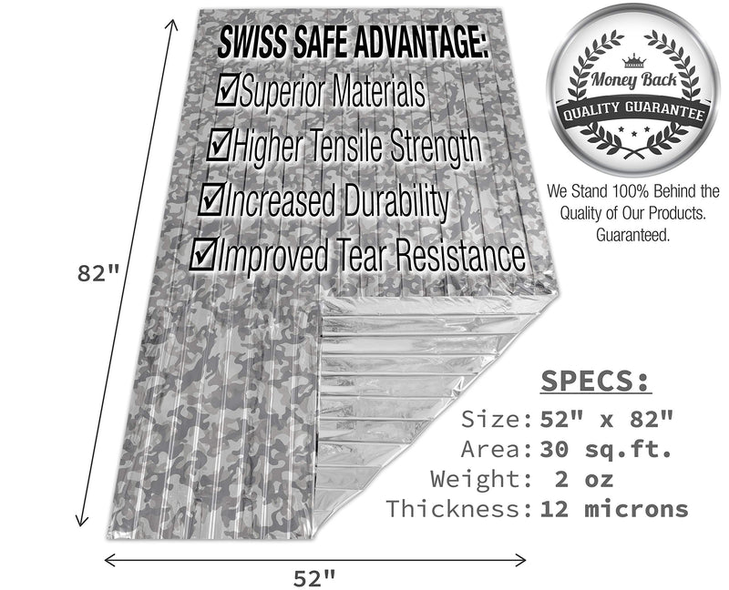  [AUSTRALIA] - Swiss Safe Emergency Mylar Thermal Blankets + Bonus Gold Foil Space Blanket. Designed for NASA, Outdoors, Survival, First Aid, Arctic Camouflage, 4 Pack Winter Camo