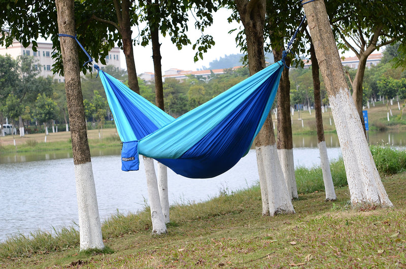  [AUSTRALIA] - WoneNice Camping Hammock - Portable Lightweight Double Nylon Hammock, Best Parachute Hammock with 2 x Hanging Straps for Backpacking, Camping, Travel, Beach, Yard and Garden Blue/Sky Blue