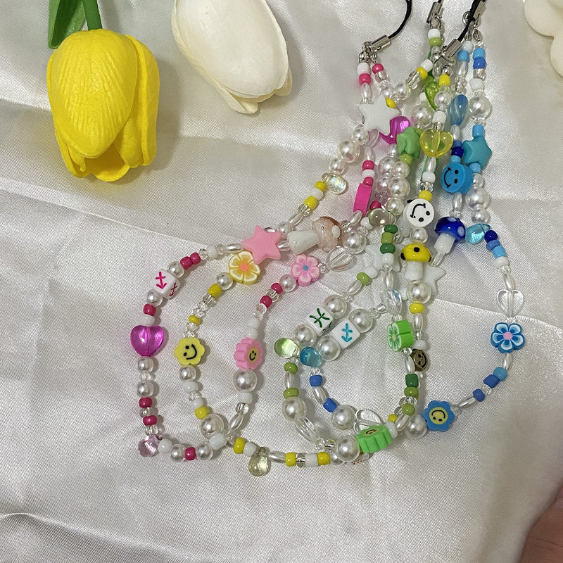  [AUSTRALIA] - Beaded Phone Charm, Cell Phone Lanyard Wrist Strap Beaded Phone Chain Polymer Clay Smiley Face Beads Bracelet Keychain Jewelry Blue Aquarius