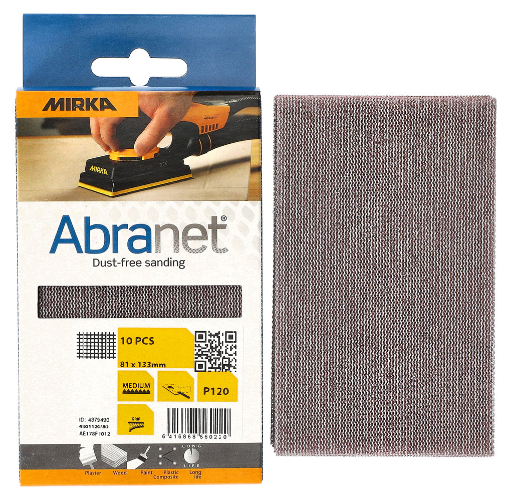 [AUSTRALIA] - Mirka Abranet mesh sanding strips 81x133 mm Velcro / grain P120 / 10 pieces / for sanding wood, filler, paint, plastic / AE178F1012