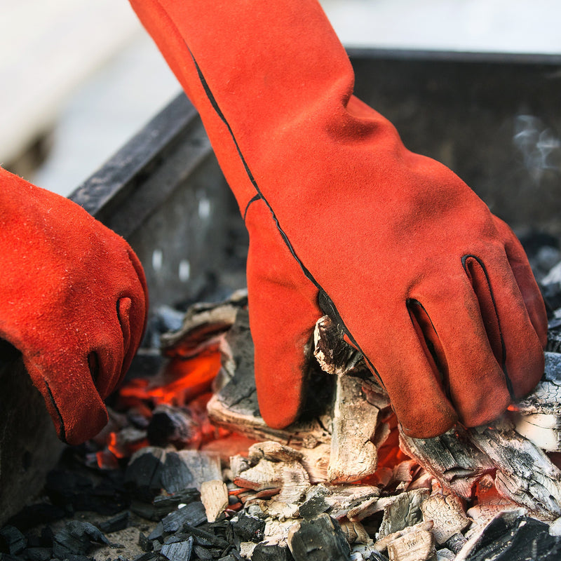  [AUSTRALIA] - NoCry Heavy Duty Heat Resistant & Flame Retardant Welding & BBQ Gloves, Premium Cowhide Leather, Long 14 inch Forearm Protection. Red, Size Large