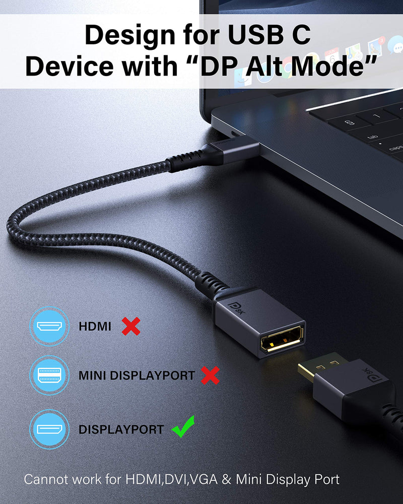  [AUSTRALIA] - USB C to DisplayPort Adapter 8K 60Hz, Maxonar Thunderbolt 3 to Display Port Cable with 1.4 Alt Mode Video Converter - HBR3/DSC/HDR for M1 MacBook Pro, iPad Pro, Surface Book, Dell XPS More-Grey 1 FT Grey