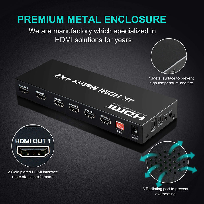  [AUSTRALIA] - FERRISA 4x2 HDMI Matrix Switch,4 in 2 Out Matrix HDMI Video Switcher Splitter +Optical & L/R Audio Output,Support Ultra HD 4K,3D 1080P,Audio EDID Extractor with IR Remote Control 4K@30Hz