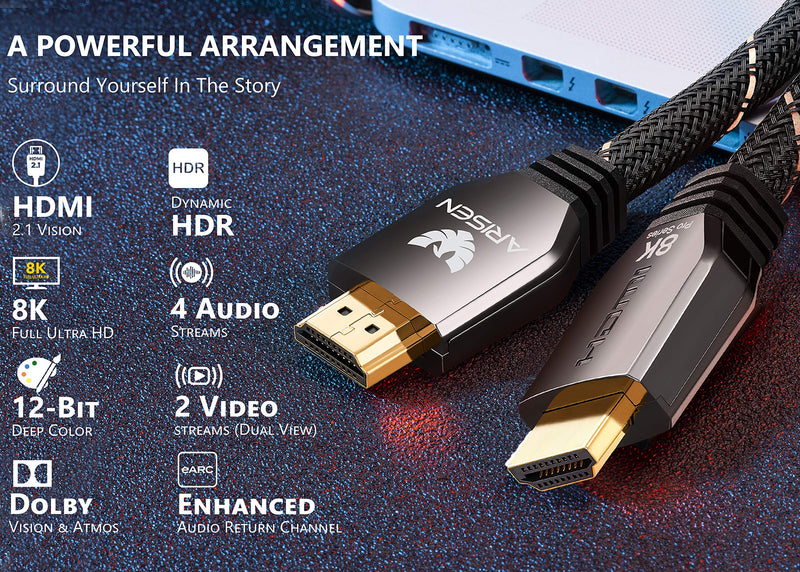 Short HDMI Cable 2.1, ARISEN Ultra High Speed 48Gbps 8K HDMI Cable Heavy Duty Braided HDMI Cord 4K@120 8K@60HZ eARC HDR10 HDCP 2.2 Compatible with RTX 3080 3090 PS5 PS4 Xbox Series X UHD TV Laptop 2ft / 0.6m - LeoForward Australia