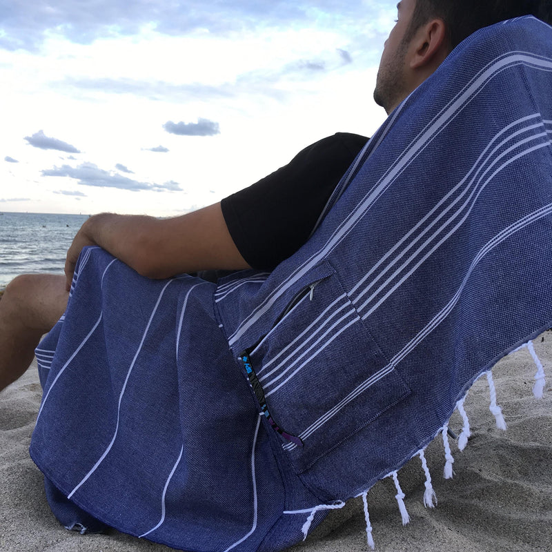  [AUSTRALIA] - Lux Oversized 40x75 Absorbent Cotton Beach Towel w/Hidden Pocket 100% Natural Turkish Cotton XL - SANDPROOF Lightweight Quick Dry | Gym Yoga Poolside Sunbed Throw for Men and Women (Navy Blue) Navy Blue