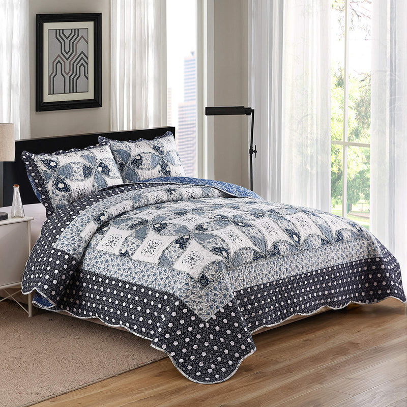  [AUSTRALIA] - Autumn Dream Reversible Patchwork Bedspreads Quilt Set, 3 Pieces Coverlet Set, Leaves Floral Pattern Blue Bedspreads and Comforters, Twin Size Blue Leaves Floral Pattern