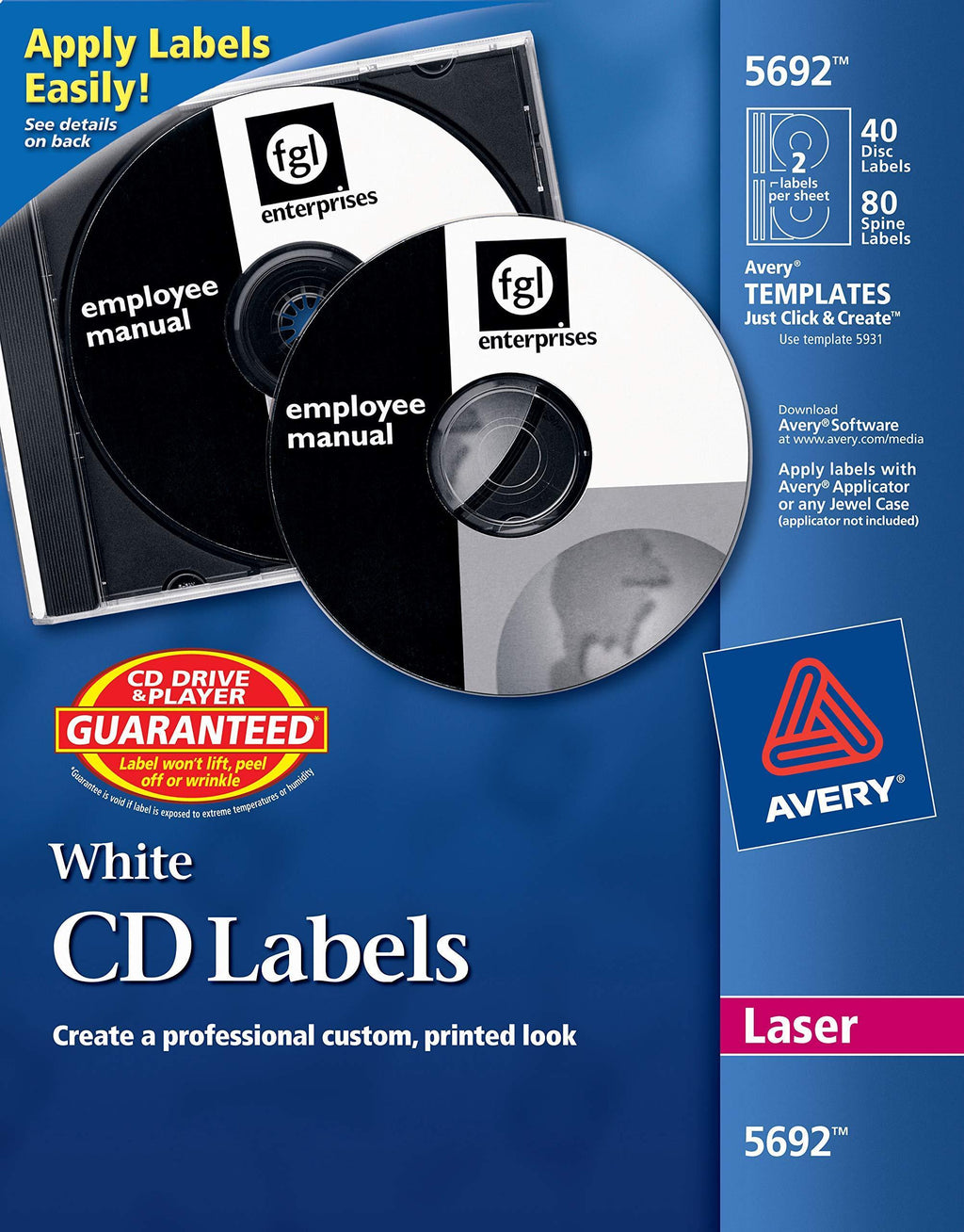 Avery White CD Labels for Laser Printers, 40 Disc Labels and 80 Spine Labels (5692) - LeoForward Australia