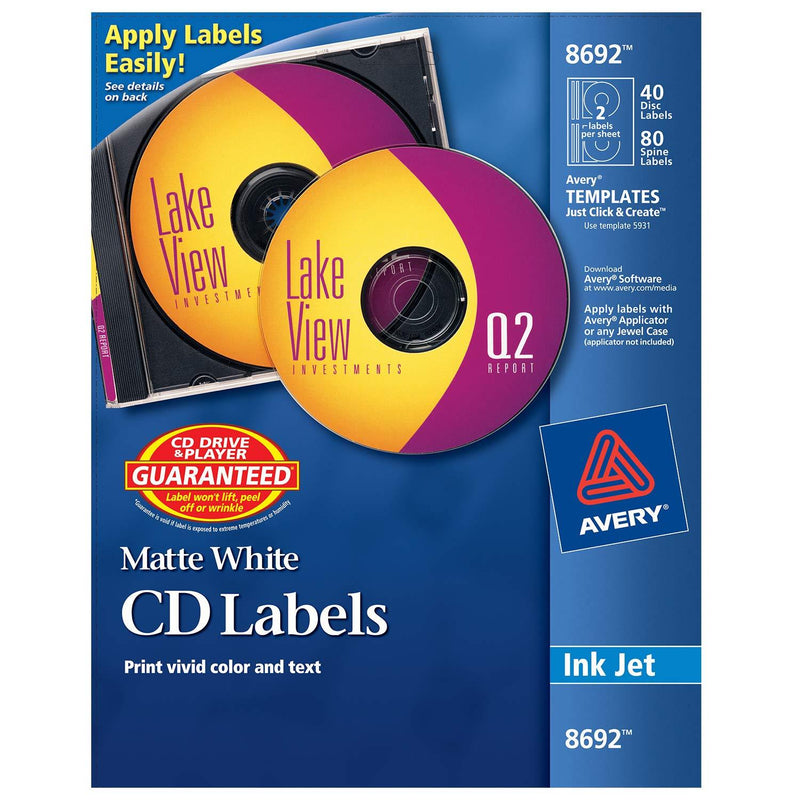 Avery CD Labels, Matte White, 40 Disc Labels and 80 Spine Labels (8692),4.5/8 Inches 4.5/8 Inches - LeoForward Australia