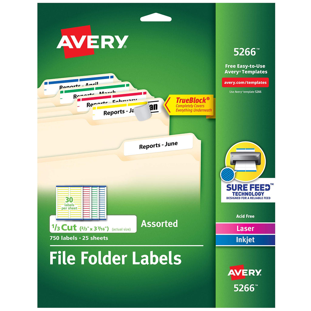 Avery File Folder Labels in Assorted Colors for Laser and Inkjet Printers with TrueBlock Technology, 0.67 x 3.43 Inches, Pack of 750 (5266)(Packaging May Vary) - LeoForward Australia