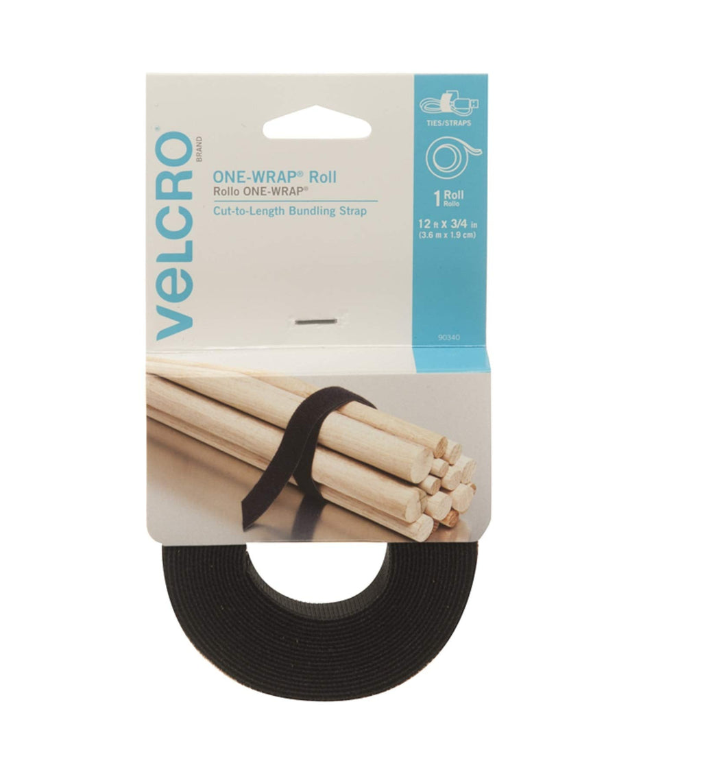  [AUSTRALIA] - VELCRO Brand - ONE-WRAP Roll, Double-Sided, Self Gripping Multi-Purpose Hook and Loop Tape, Reusable, 12' x 3/4" Roll - Black 12ft x 3/4in