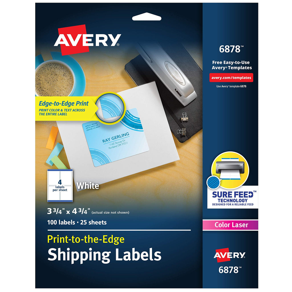 Avery Shipping Labels with Sure Feed, Print-to-the-Edge, 3-3/4" x 4-3/4", 100 White Labels (6878) 3-3/4" x 4-3/4" - LeoForward Australia