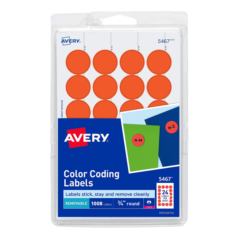 Avery Print/Write Adhesive Removable Labels, 0.75 Inch Diameter, Red - Orange Neon, 1008 per Pack (5467) - LeoForward Australia