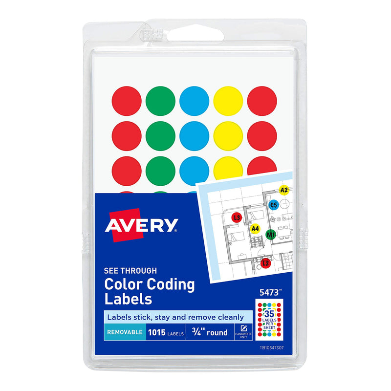 Avery See-Through Removable Color Dots, 0.75-Inch Diameter, Assorted Colors, 1015 per Pack (05473) - LeoForward Australia
