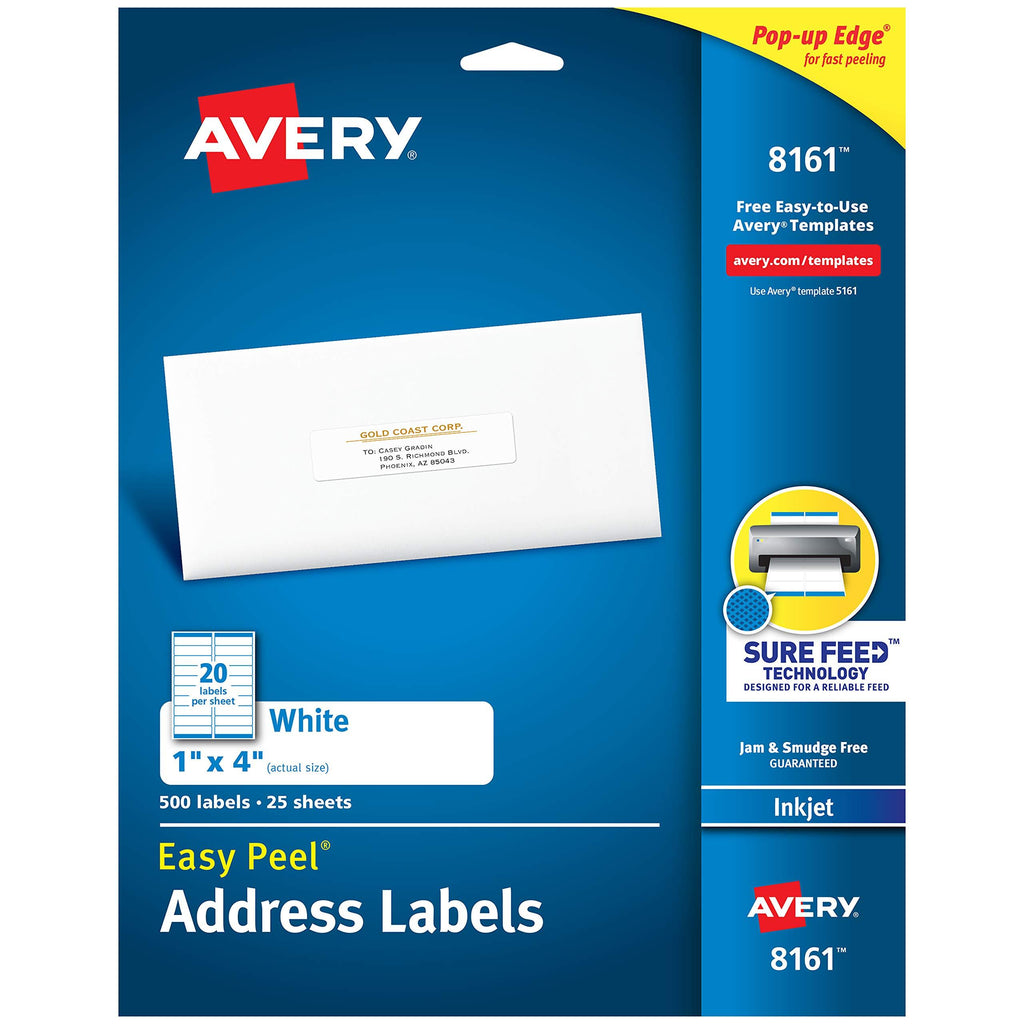 Avery Address Labels with Sure Feed for Inkjet Printers, 1" x 4", 500 Labels, Permanent Adhesive (8161), White - LeoForward Australia