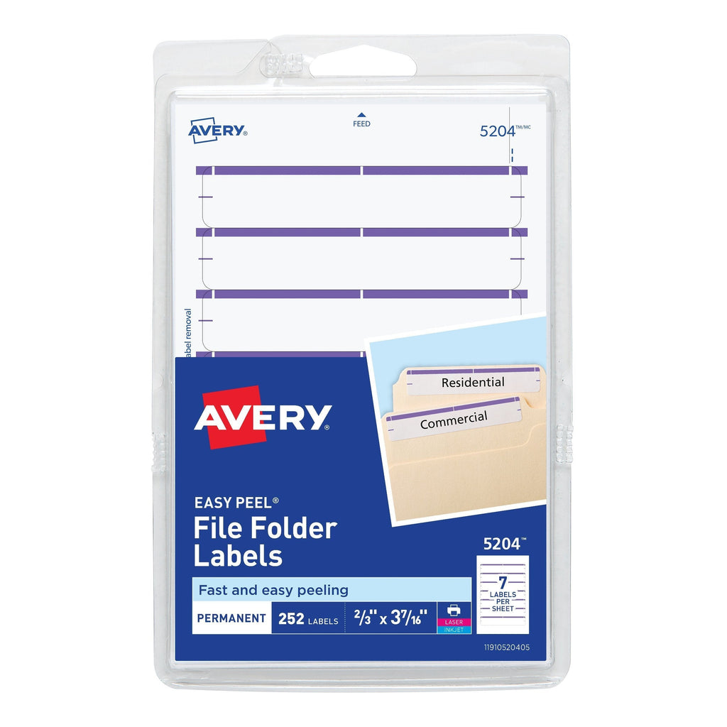 Avery Print or Write File Folder Labels for Laser and Inkjet Printers, 1/3 Cut, Purple, Pack of 252 (5204), 5/8" x 3 1/2" - LeoForward Australia