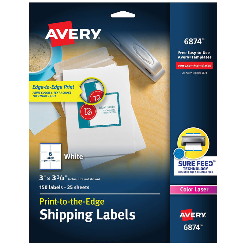 Avery Shipping Labels with Sure Feed, Print-to-the-Edge, 3" x 3-3/4", 150 White Labels (6874) 3" x 3-3/4" - LeoForward Australia
